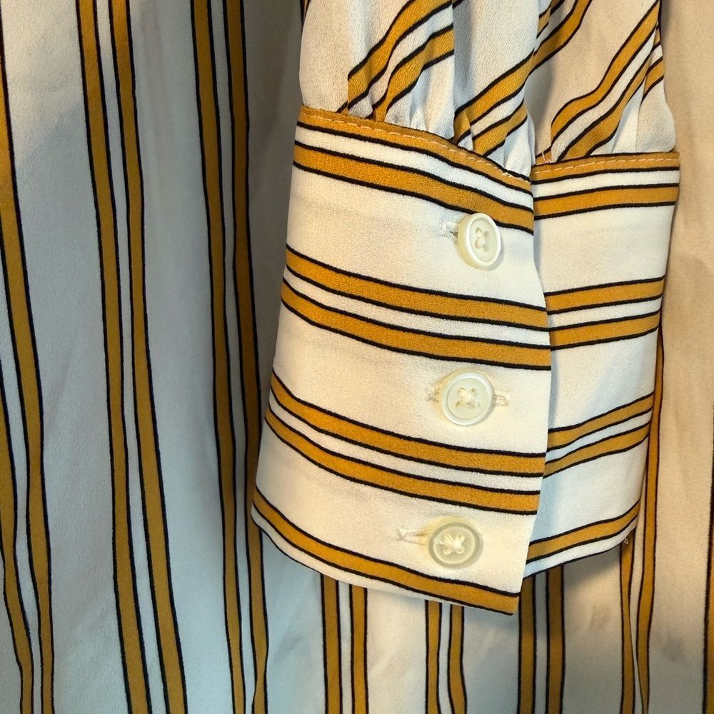 LOFT Striped Blouse Neck Tie White Mustard Long Sleeve Top Women’s Large NWOT - Picture 5 of 6